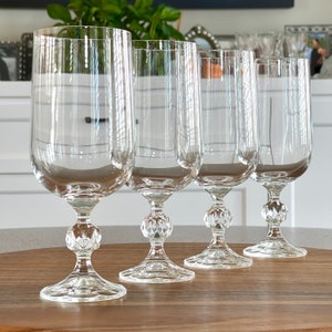 Four Bohemia Crystal Water/Ice Tea/Beer Pedestal Tumblers in "Claudia" Pattern. Vintage Footed 16 oz Barware Glasses w Faceted Ball Stem