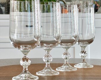 Four Bohemia Crystal Water/Ice Tea/Beer Pedestal Tumblers in "Claudia" Pattern. Vintage Footed 16 oz Barware Glasses w Faceted Ball Stem