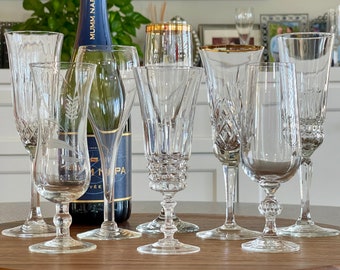 Eight Vintage Assorted Pattern Champagne Flutes, Mismatched Crystal Fluted Champagne Glass, Elegant Brunch Barware, Wedding Toasting Flutes