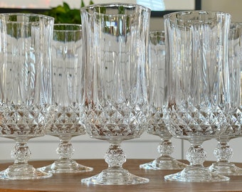 Six Cristal D' Arques "Longchamps" Water/Ice Tea Goblets, Heavy Cut Crystal Pedestal Drinking Glasses for Table or Bar, Fancy 12 oz Barware