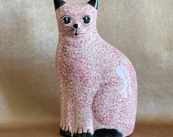 Vintage Red Sponge Painted Cat Statue, NS Gustin Pink/Red Sitting Cat Statue, Collectible Country Folk Art Style Cat, Gift for Cat Lover