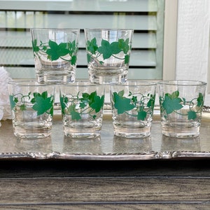 Six Vintage &quot;Ivy&quot; 8 oz Drinking Glasses, 6 Green Ivy on Clear &quot;On The Rocks&quot; Cocktail Glasses, Retro Brunch Barware or Juice Short Tumblers