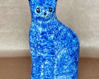 Blue Sponge Painted Folk Art Sitting Cat, Vintage Ceramic Splatter Painted Cat Money Coin Bank, Cat Lover Gift, Farmhouse Chic Decor