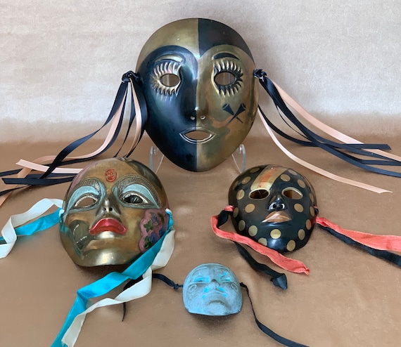 Brass Wall Masks, Masquerade Mardi Gras Carnival Brass Face Wall Hangings,  Painted Brass Theatrical Masks, Boho Home Decor 