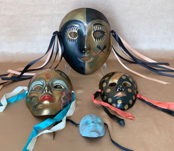Brass Theatrical Wall Masks, Masquerade Mardi Gras Carnival Brass Face Wall Hangings, Painted Brass Theatre Masks, Boho Home Decor