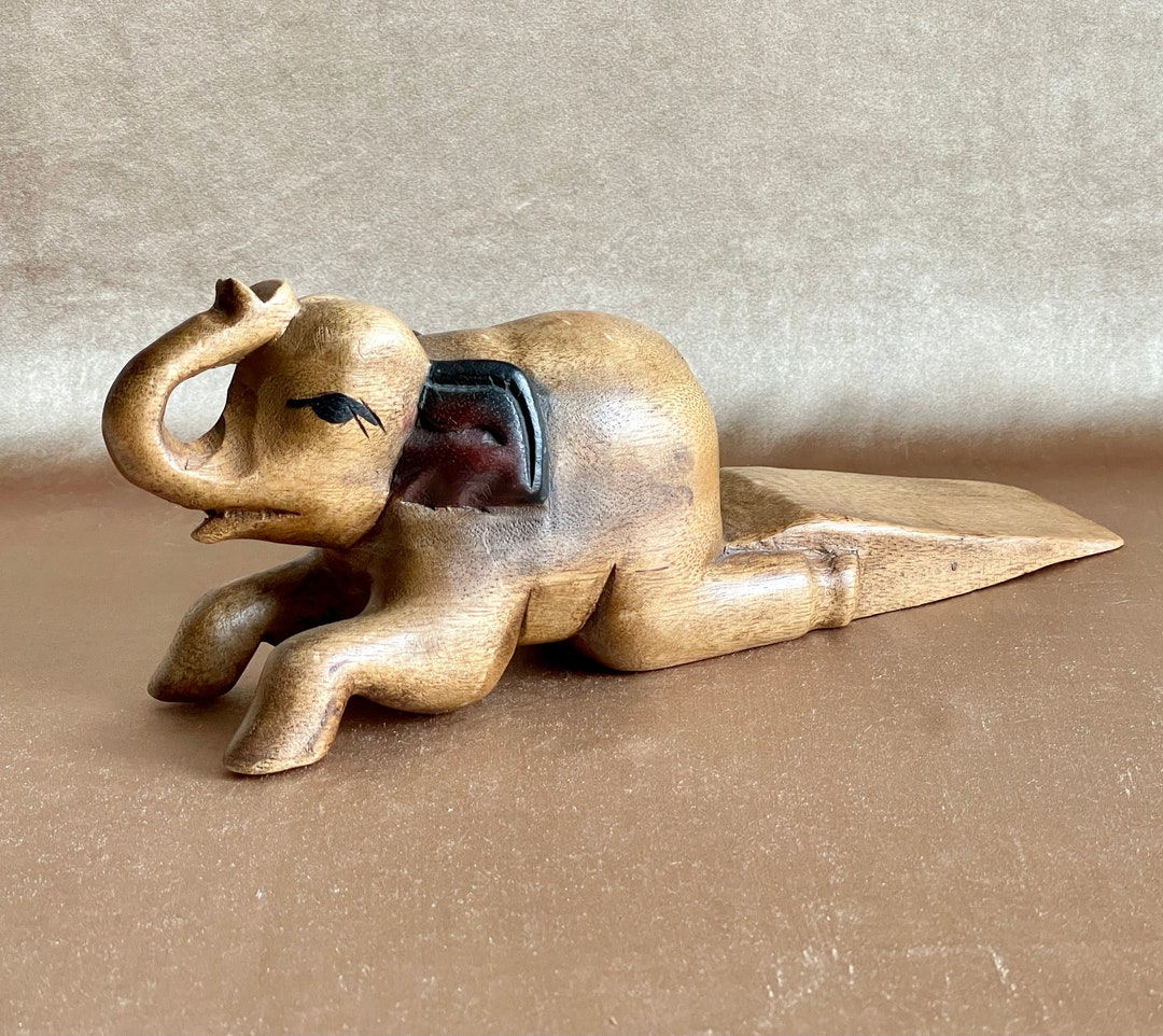 Carved Wood Elephant Door Stop Vintage Elephant Home Decor Etsy