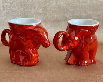 Pair of Frankoma Political Mugs in Glossy Red, Vintage Democrat Donkey Mug, 1976 Republican Elephant Mug, Mid Century California Pottery