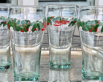 4 Vintage Coca Cola Holiday Fountain Glasses, Christmas Coca Cola 12 oz Green Barware, Mid Century Traditional Coke Glass for Holiday Party
