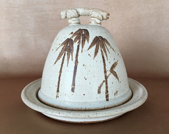 Vintage Stoneware Butter/ Cheese Covered Cloche Dish, Parmentier Pottery with Hand Painted Asian Bamboo Design, Unique Boho Kitchen Serving