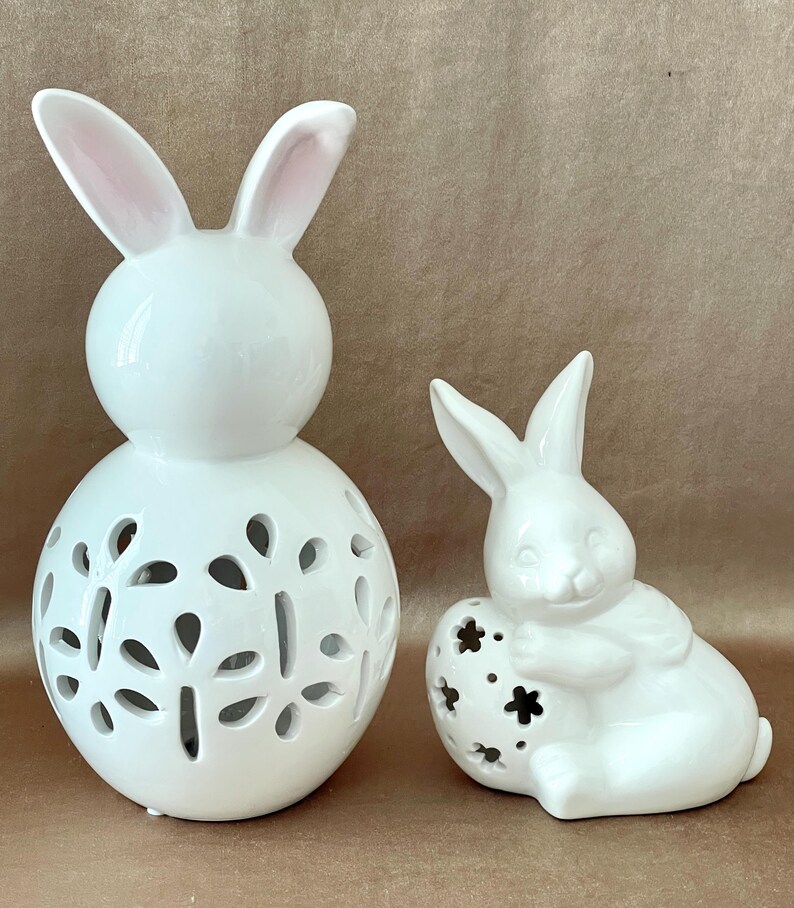 Pair of Reticulated Ceramic Rabbits, Light up Dept 56 Bunnies, Vintage ...