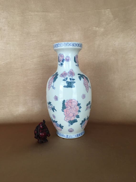 Chinoiserie Vase Vintage Asian Floral Pink And Green Large Tall Vase Bedroom Decor English Cottage Shabby Chic Home Asian Pastel Vase