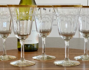 1940s Gold Banded Optic Panel Wine Glasses with Floral Etching, Five Vintage Tiffin Franciscan Gold Trim Stemware, Wedding Engagement Gift