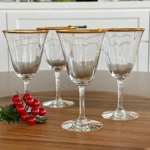 Four Vintage Gold Banded Optic Crystal Wine Glasses, Tiffin Franciscan Gold Rim Heritage Stemware, Classic 1940s Glamour Toasting Barware