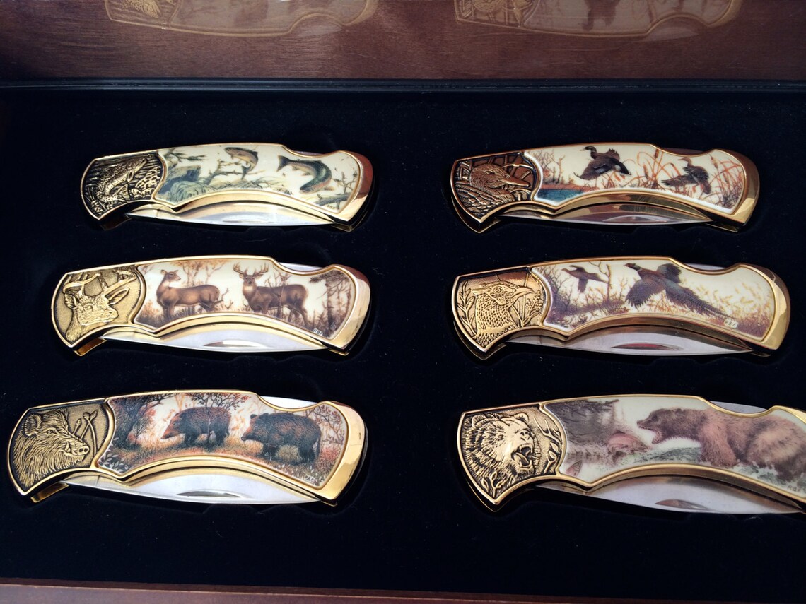 Hunting Knife set Franklin Mint Wood Display Case Rick Etsy