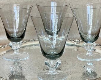 Four Vintage Smoke Colored On the The Rocks Cocktail Glasses, "Astrid Smoke" Swedish Glass Co, Trumpet Bowls Clear Stems, Danish Mod Barware