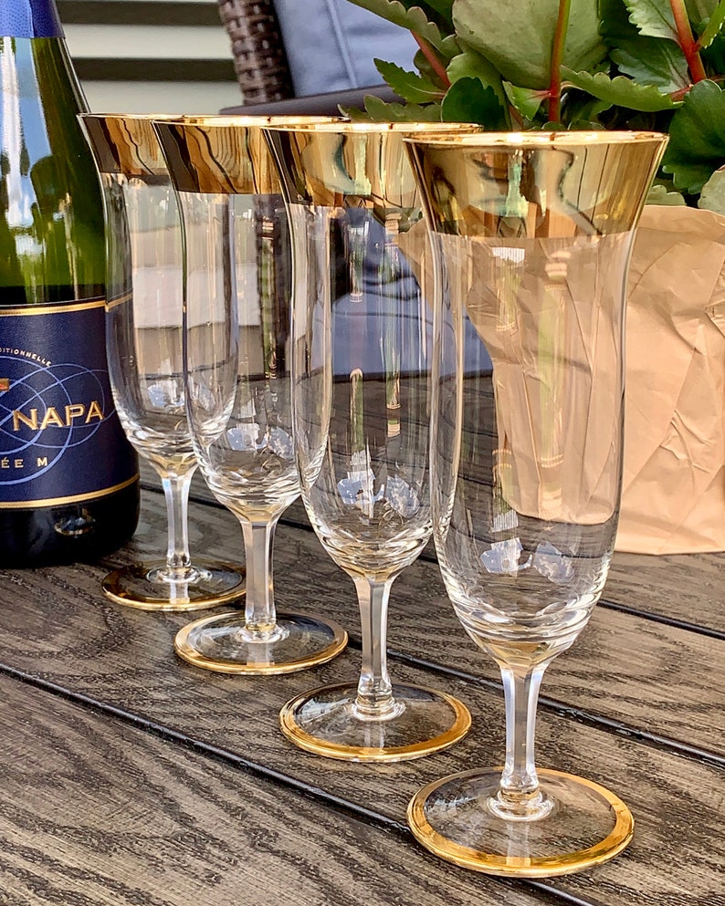 Vintage Gold Trim Champagne Flutes Mid Century Parfait Shaped Etsy