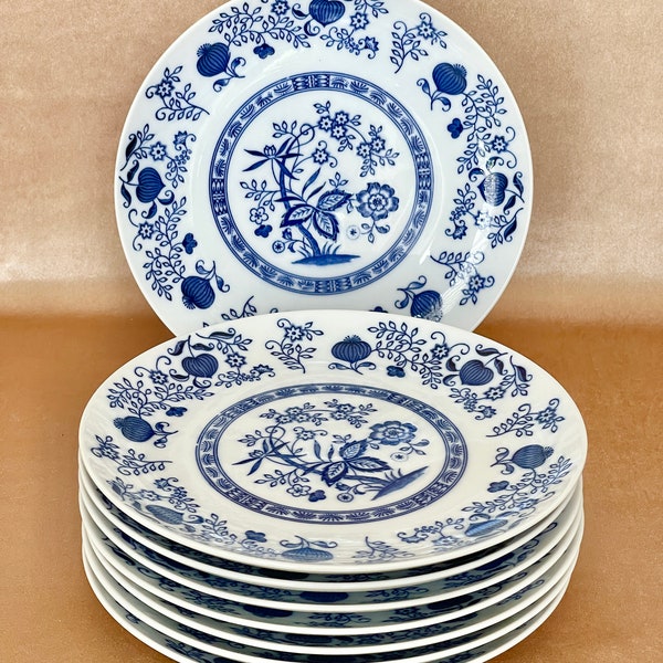 Vintage Blue Onion 7.5" Salad Plates, Blue and White Floral Onion Pattern, Classic Mid Cen Dinner Tableware, Dessert or Bread Butter Plates