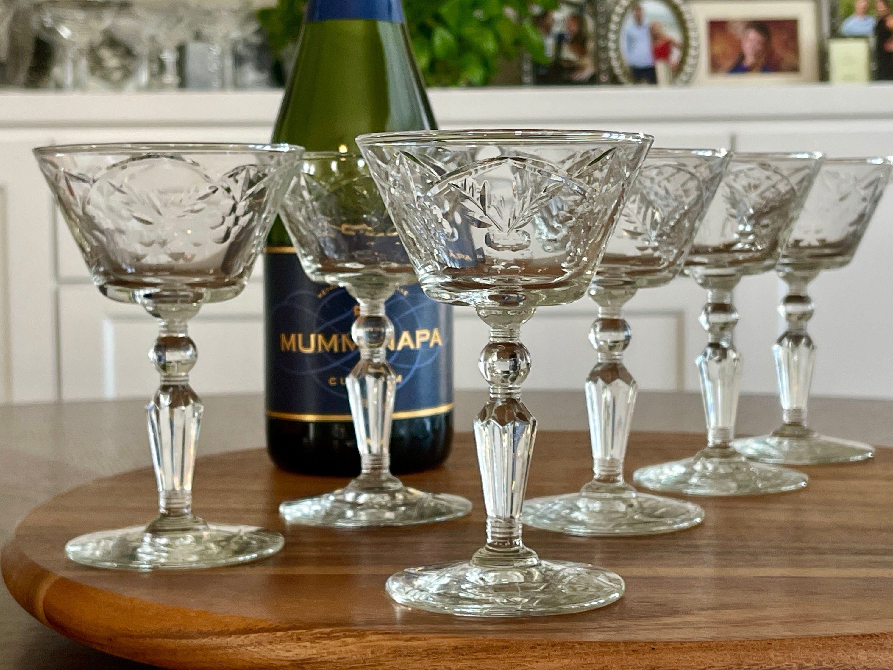 Six Needle Etched Coupe Champagne Glasses, Vintage Rock