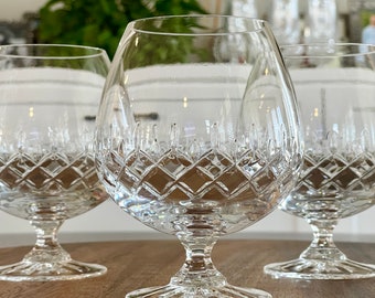 Three Vintage Galway Brandy Snifters in "Longford" Pattern, Cut Foot and Bowl Crystal Brandy Barware, Fine Irish Crystal Stemware