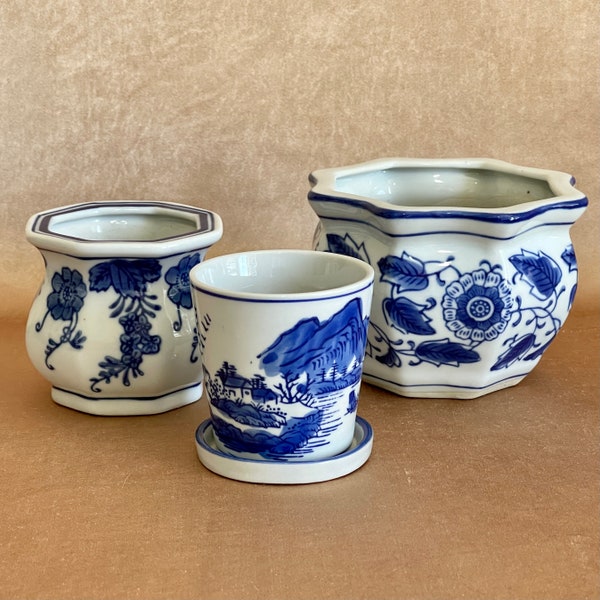 Trio of Blue and White Ceramic Planters, Three Vintage Asian Inspired Indoor Outdoor Planters, Coastal Chinoiserie Home Decor Planter Pots