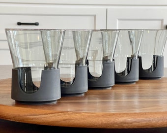 Five Corning Ware 10 oz Glass Insert Tumblers with Plastic Holders, Smoke Tumblers with Charcoal Grey Holder, Unique Vintage Beverage or Bar