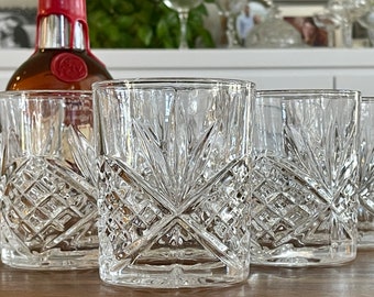 Six Heavy Crystal "On The Rocks" Whiskey Cocktail Glass, Godingers Dublin Double Old Fashioned Barware, Textured Hand Blown Lowball Glasses