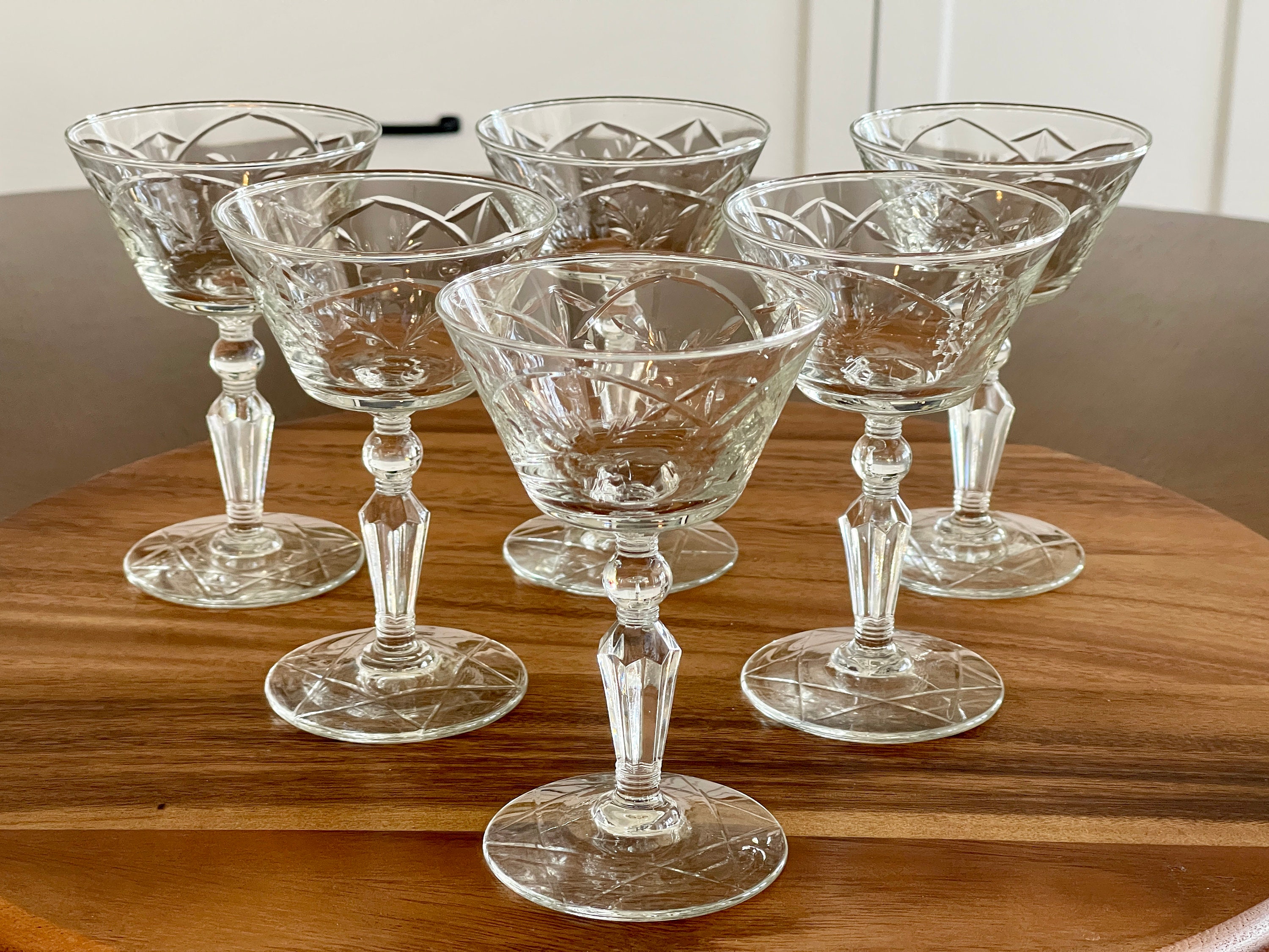 Six Needle Etched Coupe Champagne Glasses, Vintage Rock