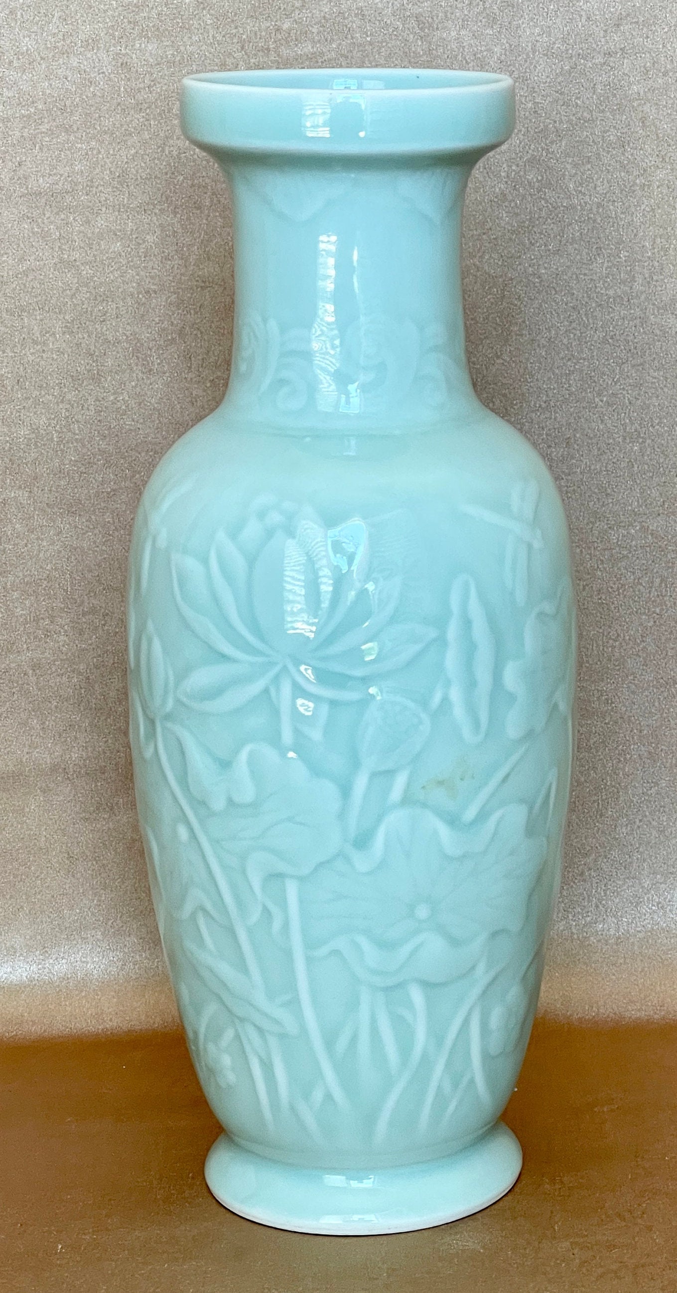 Asian Celadon Green Vase With Raised Lotus Blossom Design, Tall 