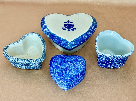Blue Sponge Painted Pottery Heart Dishes, Lidded … - image 5