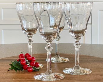 Four Vintage Optic Crystal Wine Glass, Tall Elegant Luxury Stemware, Hand Blown Optic Panel Wine Goblets, Wedding or Engagement Barware Gift
