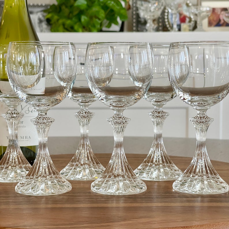 6 Vintage The Ritz Crystal Wine Glasses by Mikasa, Elegant Round Bowl w Textured Stems Wine Barware, Hand Crafted Luxury High End Stemware image 3