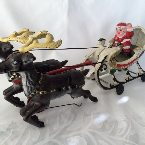 Cast Iron Santa Set, Sleigh with Santa, Two Reindeer, Holiday Decor, Vintage Collectable, Cast Iron Holiday, Antique Reproduction