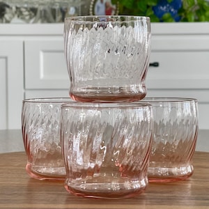Four Blush Pink Old Fashioned Glasses, Vintage Wheaton &quot;Symphony Pink&quot; Optic Swirled Flat Base Short Tumbler, Mid Century Pink Swirl Glasses