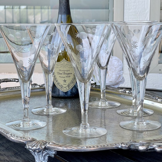 6 Etched Mikasa Stars and Moon Champagne Glasses, Trumpet Shaped Stemware  for Wine Martini's and Champagne, Unique Wedding Toasting Barware 