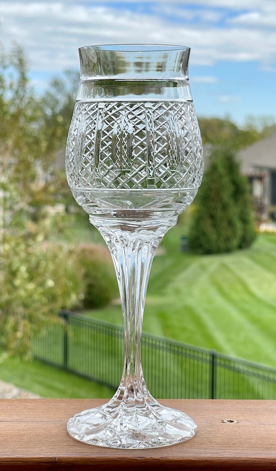 Four Mid Century Criss Cut Crystal Wine Glasses, Tall Heavy