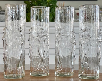 Four Vintage Libbey "La Femme" Nude Dancing Girls Design on Highball Glasses, 4 Figural Textured Tall Retro Tom Collins Cocktail Glasses