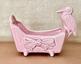 1950's Blush Pink Ceramic Stork Planter Pot, Mid Century Pottery Featuring a Pink Stork on Cradle, Retro Baby Shower Gift, Babies Room Decor