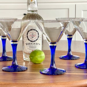 Five Cobalt Blue Stem Martini Glasses, Luminarc France Nick and Nora Martini Stemware, 4 oz Liquor Craft Cocktail Glasses Bright Blue Stems