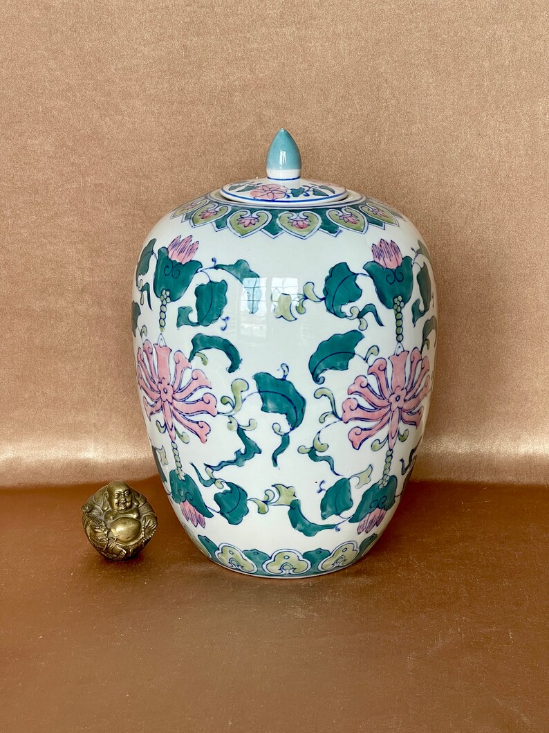 Large Asian Ginger Jar in Pink Teal Green Vintage Temple Jar Etsy