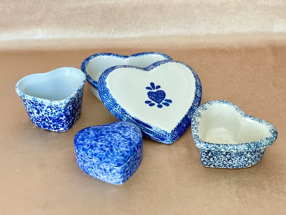 Blue Sponge Painted Pottery Heart Dishes, Lidded … - image 10