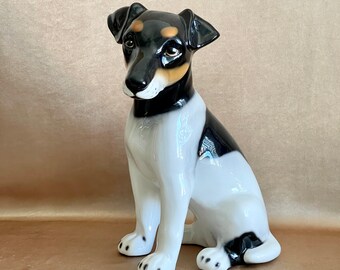 Large Hand Painted Italian Jack Russell Statue, Vintage Black and White Sitting Jack Russell Dog, Hand Crafted Ceramic Figural Dog Statue