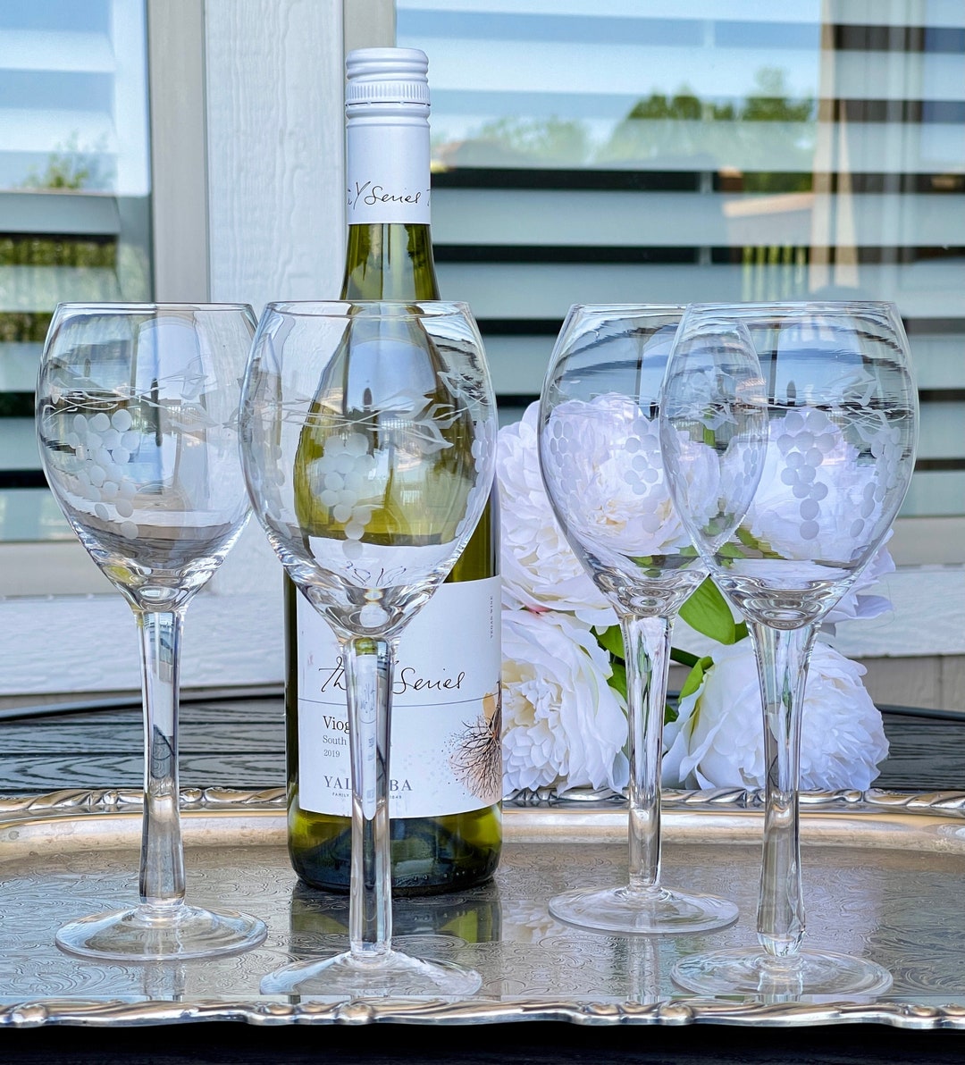 Vintage Floral Etched Tall Wine Glasses Princess House White Etsy