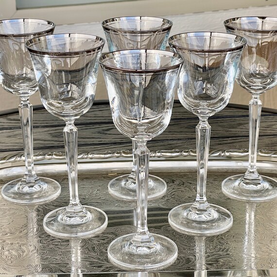 Six Platinum Trim Optic Crystal Wine Glasses, Mikasa Briarcliffe 