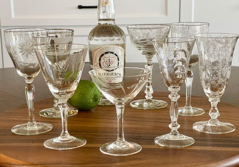 Eight Vintage Curated Nick and Nora/Liquor Cocktail Crystal Glasses, Assorted Pattern 1930s and 40s Stemware, Etched Craft Cocktail Barware image 10