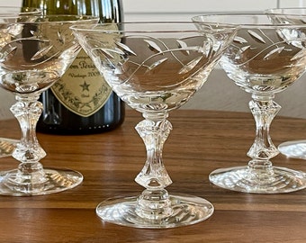 Six Needle Etched Mid Century Champagne/Cocktail Coupe Glasses, Glamour Barware for Toasting Celebrations Weddings Engagements Easter Brunch