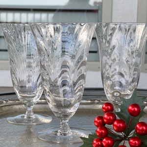 4 Vintage Cambridge Optic Drape Crystal Goblets: Hand Blown "Caprice Clear" Stemware, Set of 4 Pedestal Water Glasses