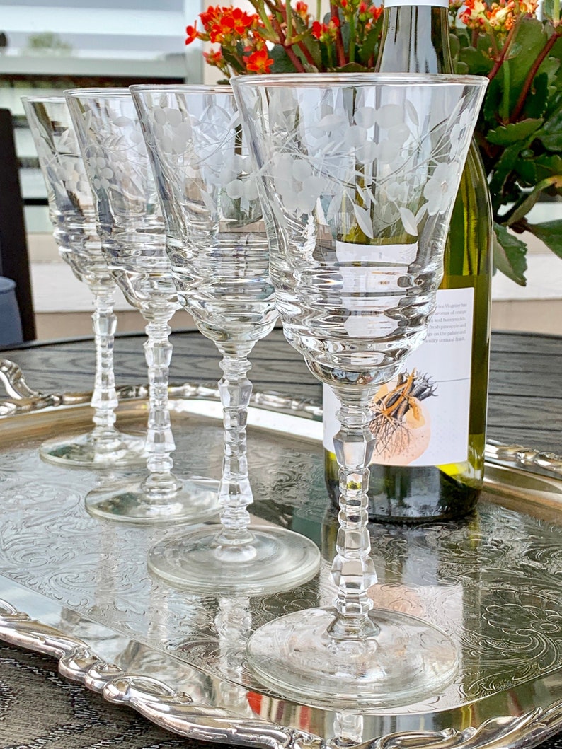 Vintage 1940s Etched Wine Glasses with Wheel Cut Stems Rock Etsy