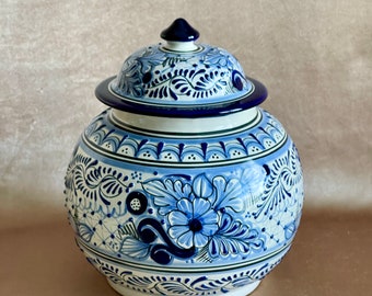 Vintage Talavera Lidded Ginger Jar, Quality Mexican Folk Art Blues and White Cookie Jar, Hand Painted Ceramic Fine Art Home Decor