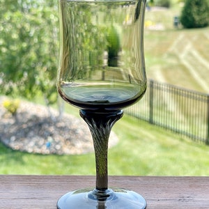 May include: A dark gray glass wine glass with a twisted stem. The glass is empty and has a rounded bowl.