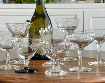Eight 1940s Assorted Pattern Champagne/Craft Cocktail Coupe Glasses, Mismatched Vintage Hand Blown Stemware for Mothers Day Wedding Toasting